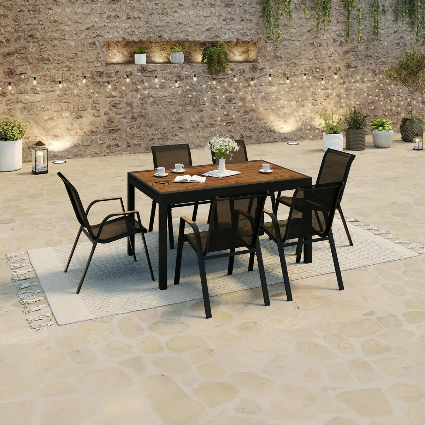 Salon de jardin table extensible avec plateau verre trempé effet bois et chaises empilables*IDMarket Outlet