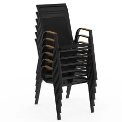 Salon de jardin table extensible avec plateau verre trempé effet bois et chaises empilables*IDMarket Outlet