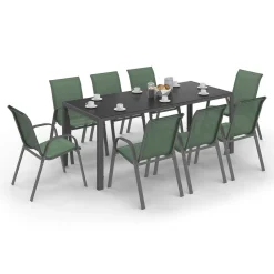 Salon de jardin vert olive avec table 190 cm et 8 chaises empilables*IDMarket Sale
