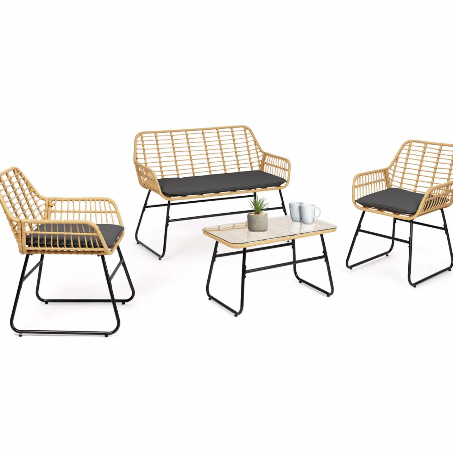 Salon d’extérieur en résine tressée façon rotin et acier noir*IDMarket Sale