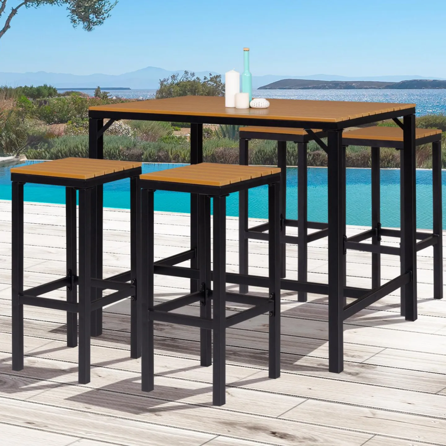 Salon haut de jardin bar d'exterieur design industriel effet bois et noir*IDMarket Best