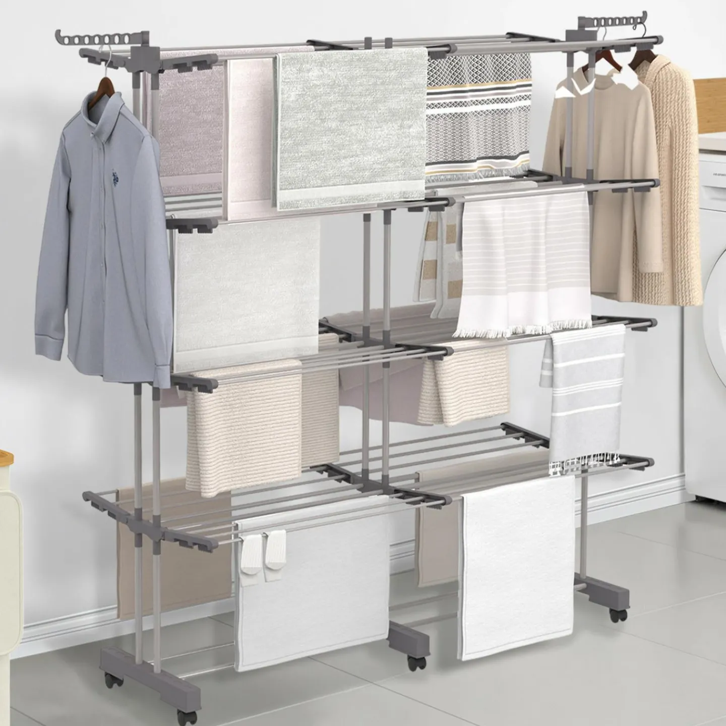 Séchoir à linge vertical pliable et extensible 4 niveaux capacité 50m inox et gris*IDMarket New