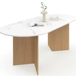 Table à manger extensible ovale MARTHE 6 -10 personnes plateau marbre blanc ALASKA et bois façon hêtre 160-200 cm*IDMarket Discount
