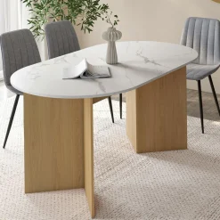 Table à manger extensible ovale MARTHE 6 -10 personnes plateau marbre blanc ALASKA et bois façon hêtre 160-200 cm*IDMarket Discount