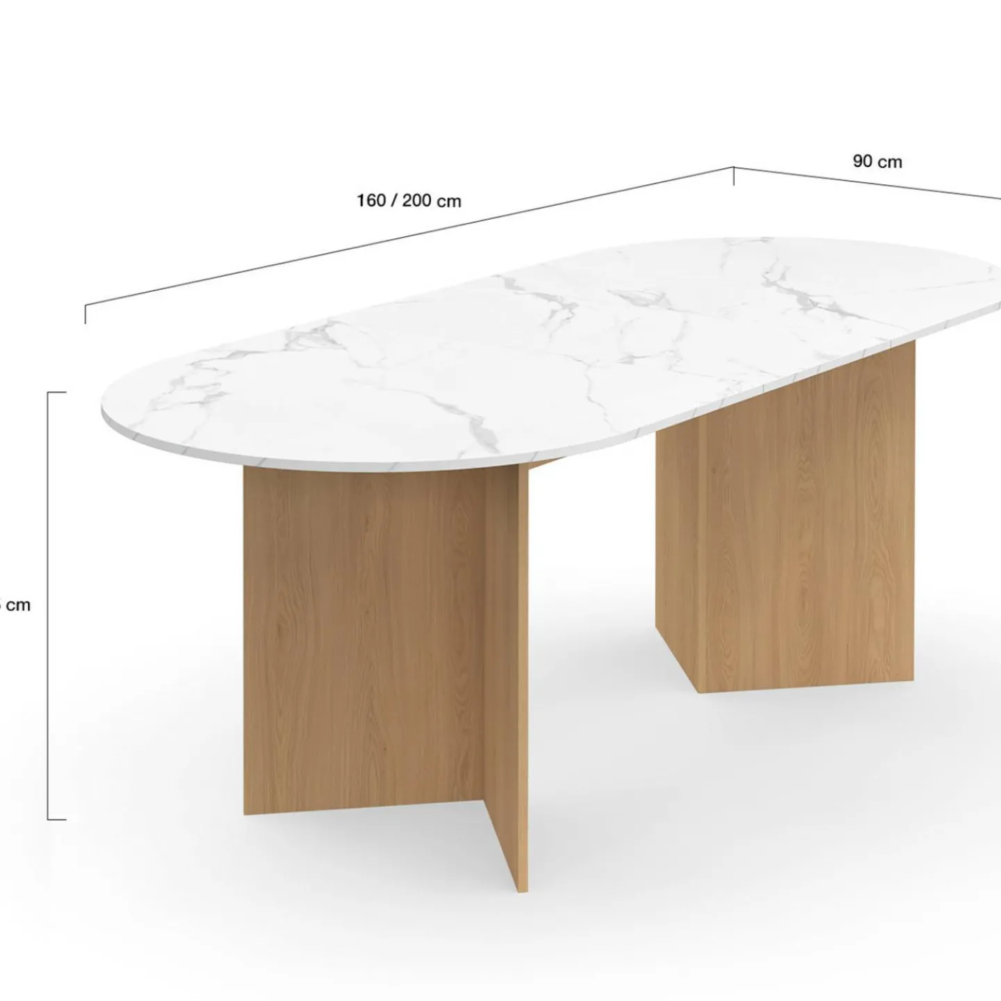 Table à manger extensible ovale MARTHE 6 -10 personnes plateau marbre blanc ALASKA et bois façon hêtre 160-200 cm*IDMarket Discount