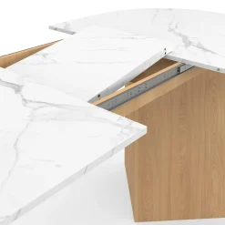 Table à manger extensible ovale MARTHE 6 -10 personnes plateau marbre blanc ALASKA et bois façon hêtre 160-200 cm*IDMarket Discount