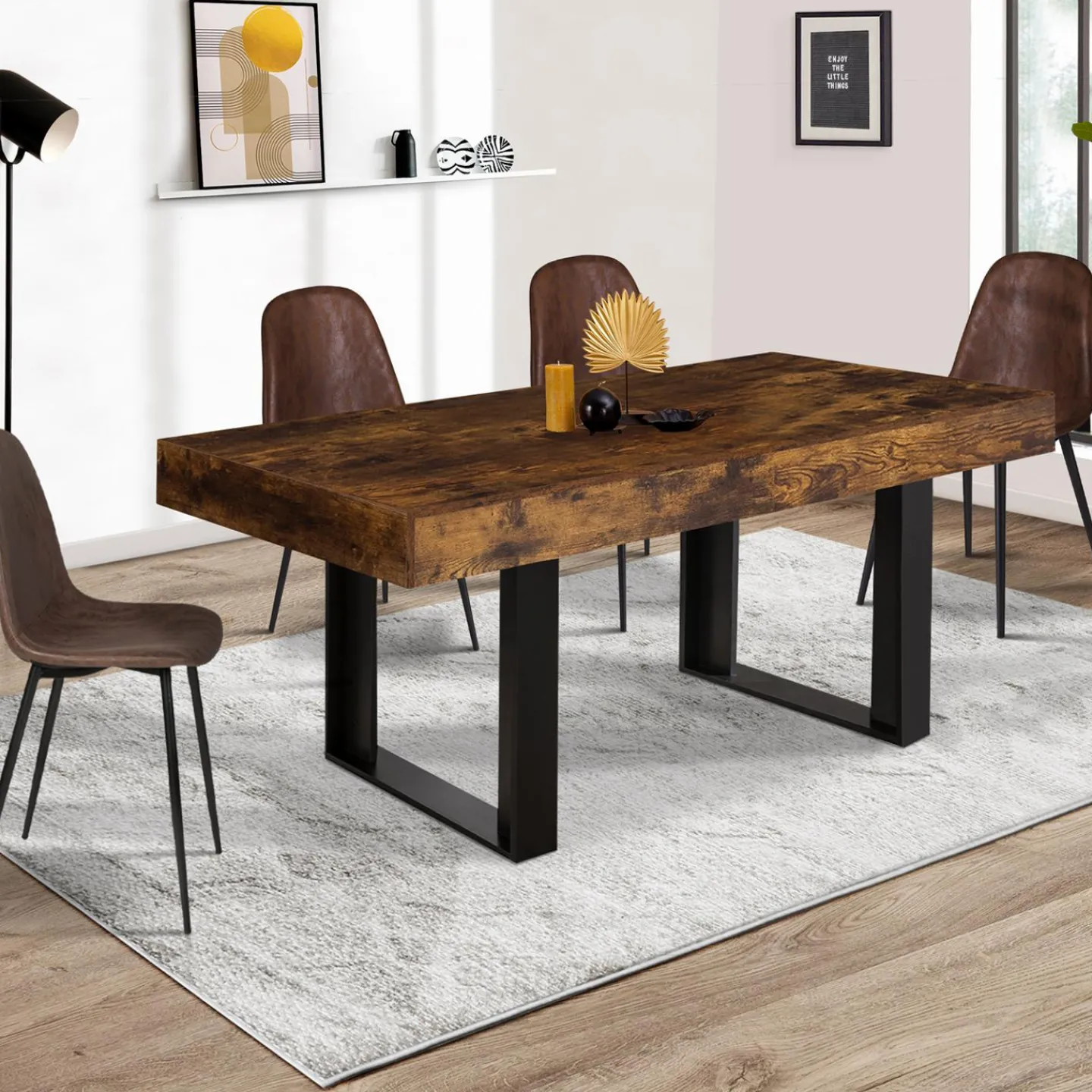 Table à manger 6 personnes bois effet vieilli et noir*IDMarket Outlet
