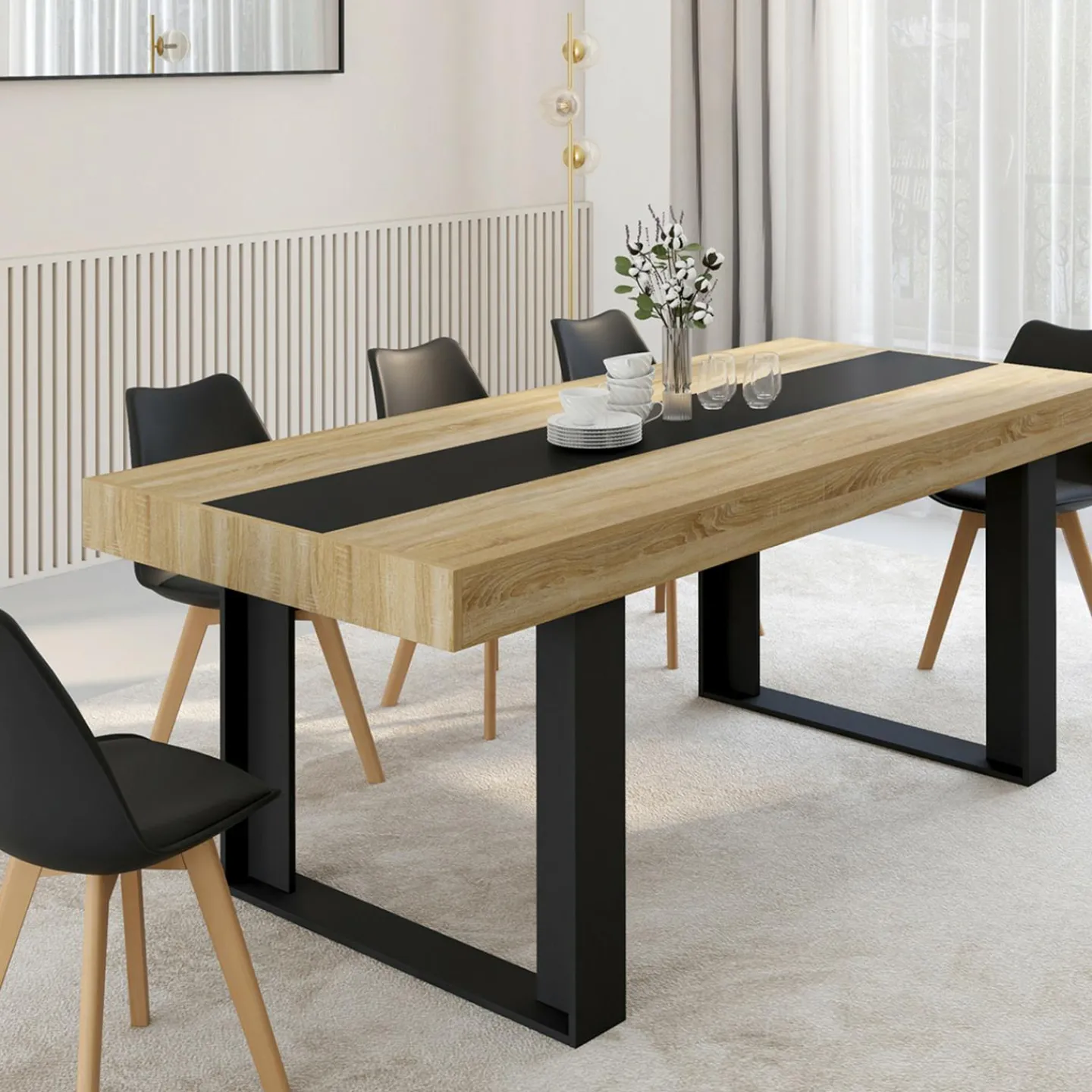 Table à manger 10 personnes en bois avec bande centrale noire*IDMarket