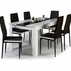 Table à manger blanche et noire 140 cm et 6 chaises noires liseré blanc*IDMarket Online