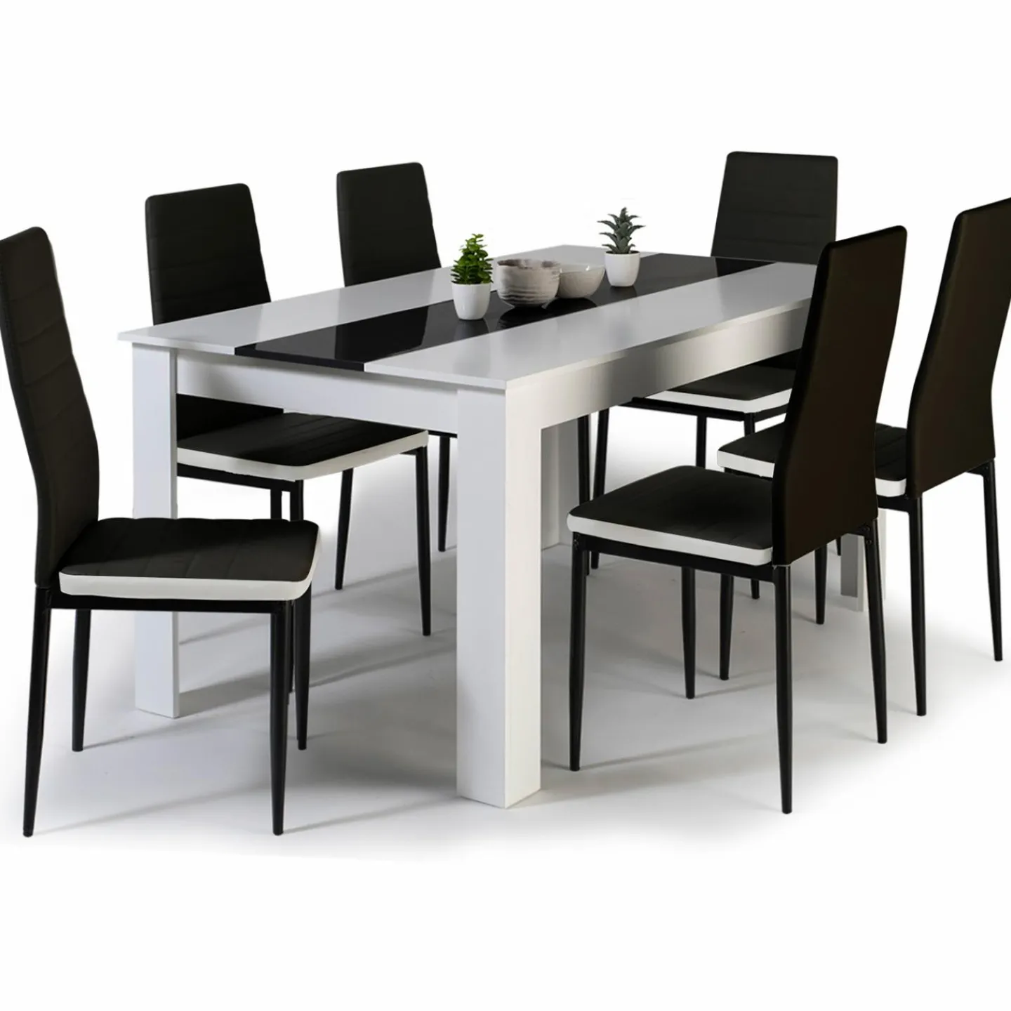 Table à manger blanche et noire 140 cm et 6 chaises noires liseré blanc*IDMarket Online