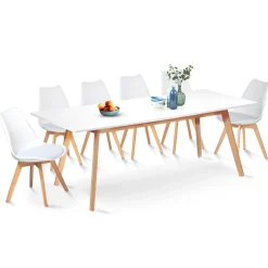Table à manger blanche extensible 160-200 cm et 6 chaises scandinaves bois et blanc*IDMarket Outlet