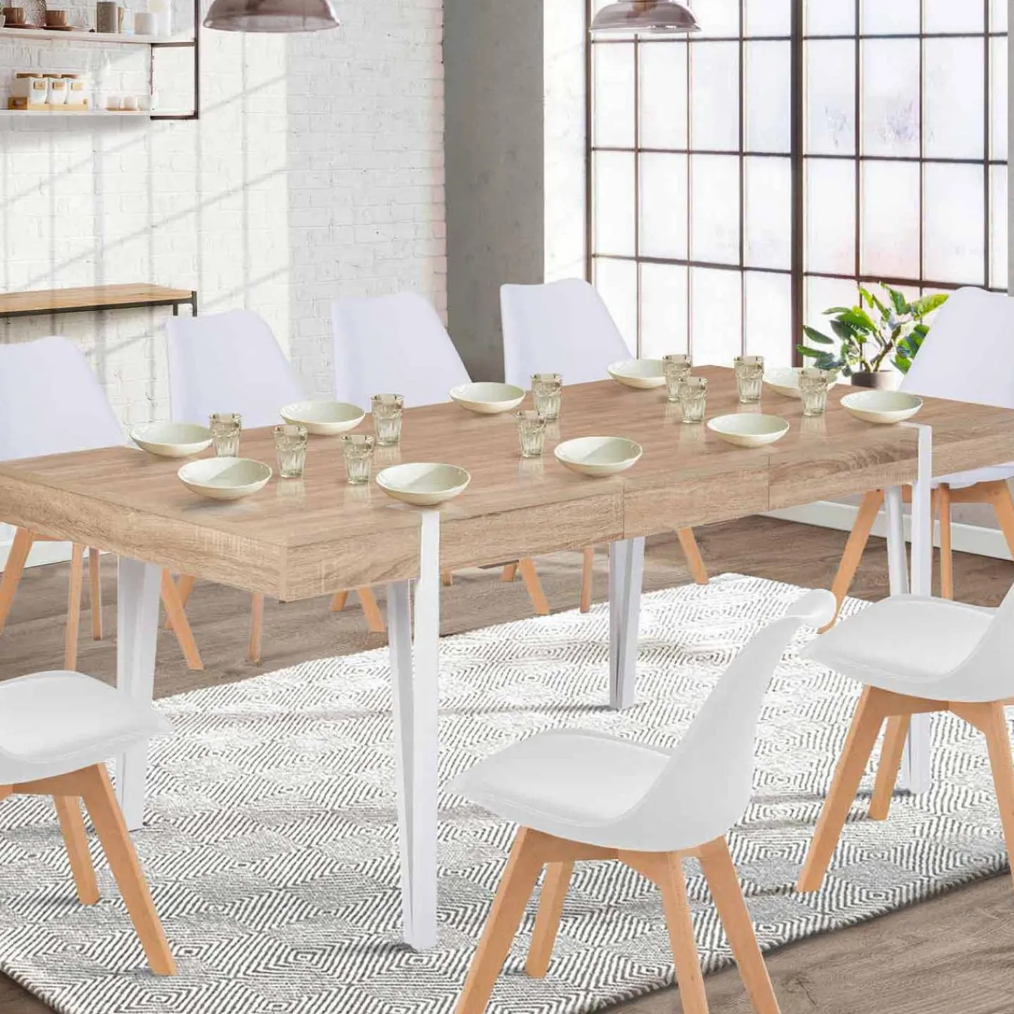 Table à manger bois clair extensible 6-10 personnes avec pied épingle*IDMarket New