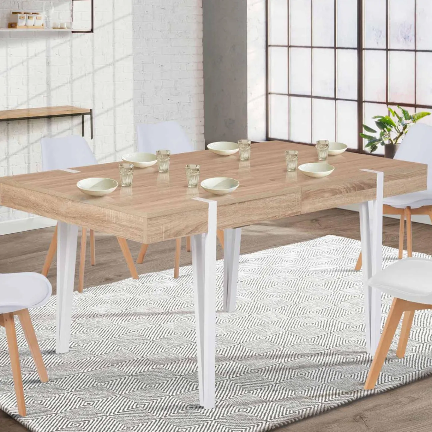 Table à manger bois clair extensible 6-10 personnes avec pied épingle*IDMarket New