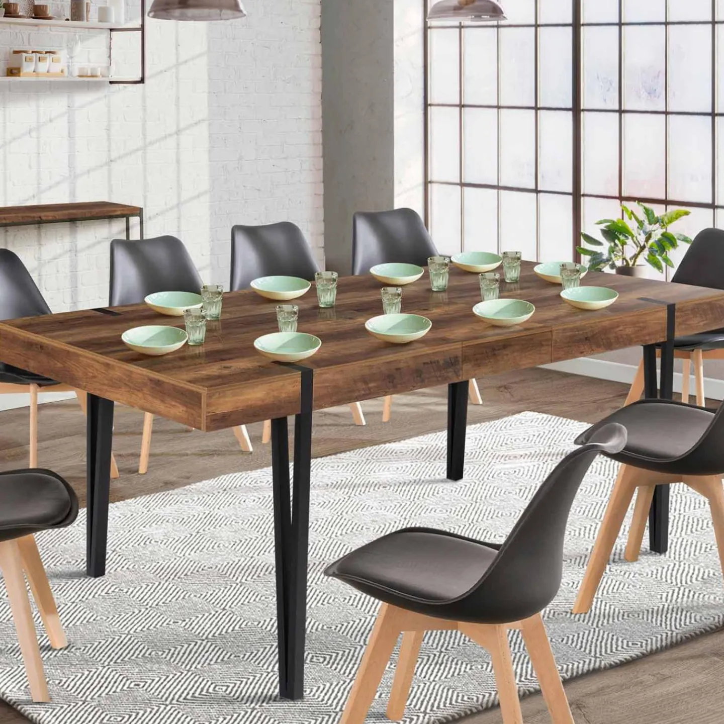 Table à manger bois foncé extensible 6-10 personnes avec pied épingle*IDMarket Hot