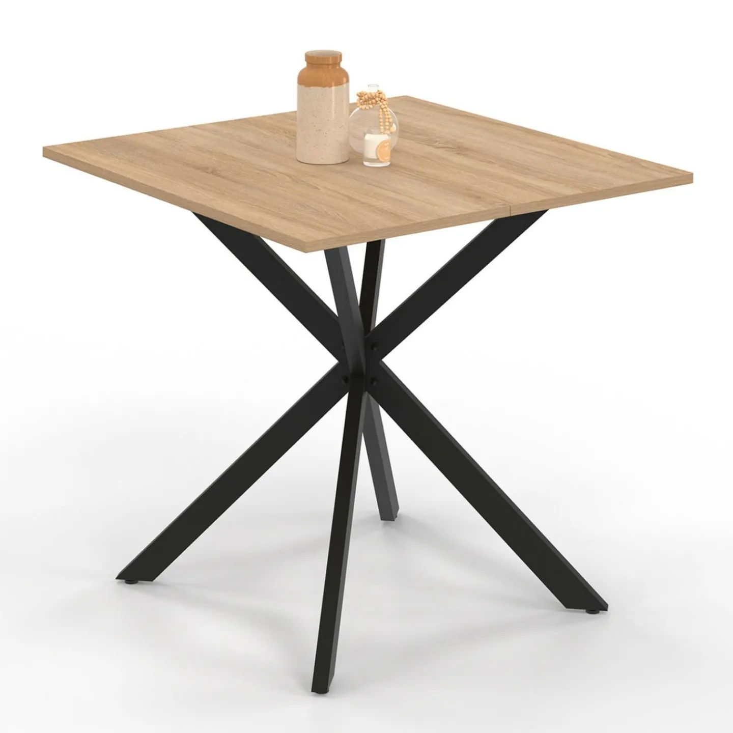 Table à manger carrée 80 cm 4 personnes en bois et pied araignée en métal noir*IDMarket Clearance