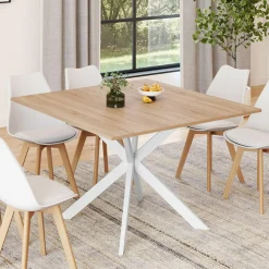 Table à manger carrée 110 cm 8 personnes plateau en bois avec pied araignée en métal blanc*IDMarket Hot