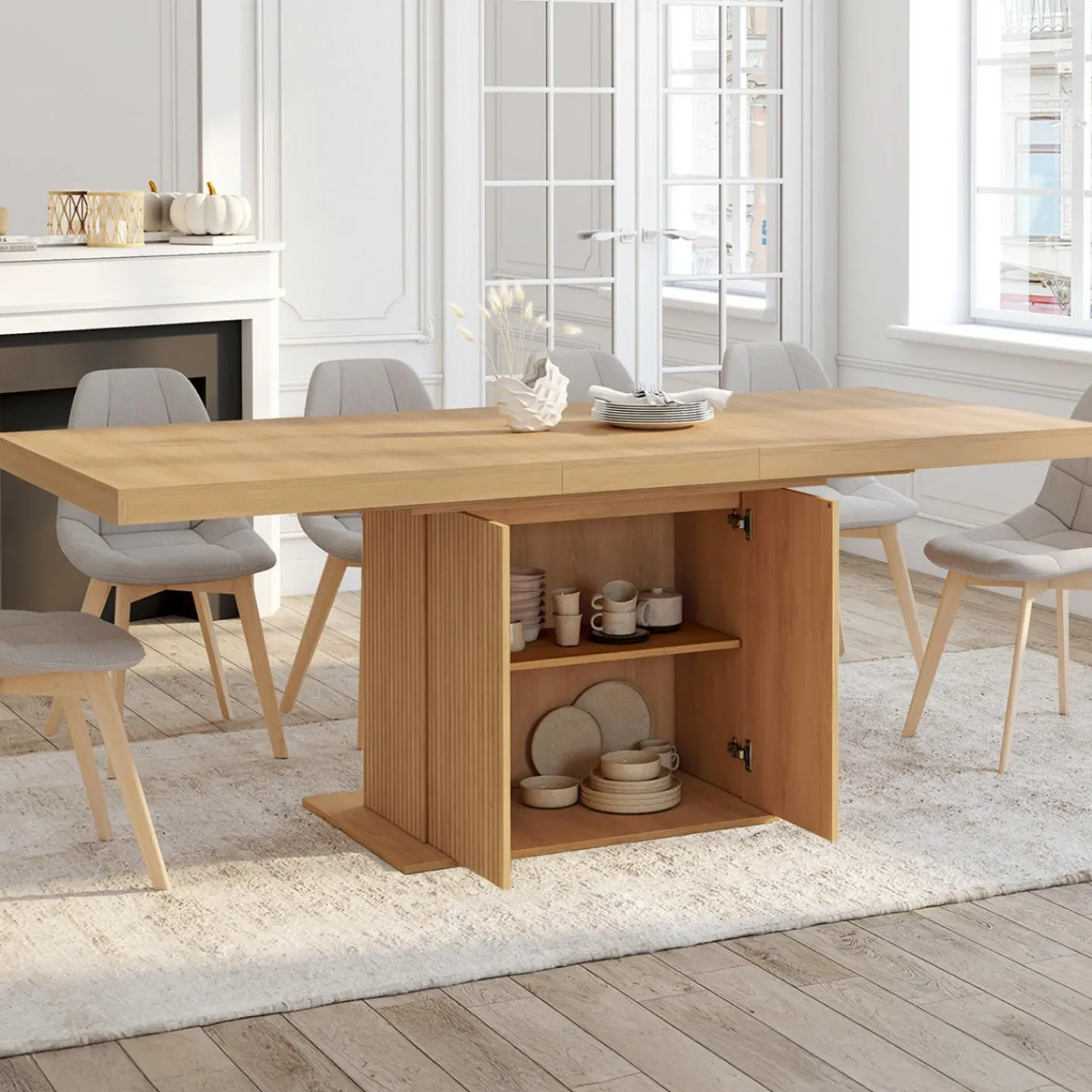Table à manger extensible 160-200 cm lattes tasseau bois avec rangement pied central 6-10 personnes*IDMarket Clearance