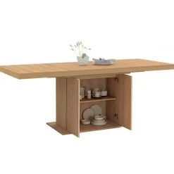Table à manger extensible 160-200 cm lattes tasseau bois avec rangement pied central 6-10 personnes*IDMarket Clearance