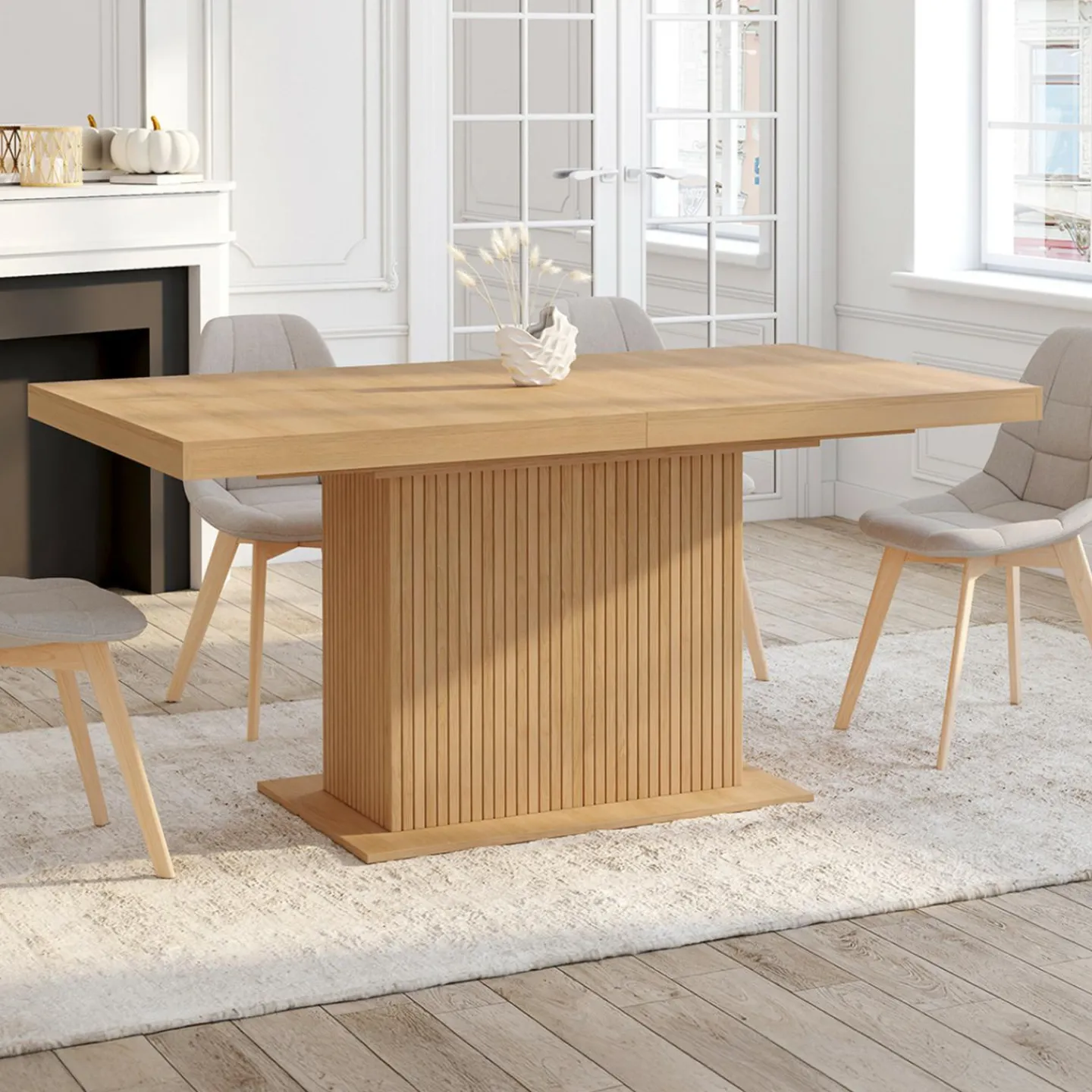 Table à manger extensible 160-200 cm lattes tasseau bois avec rangement pied central 6-10 personnes*IDMarket Clearance