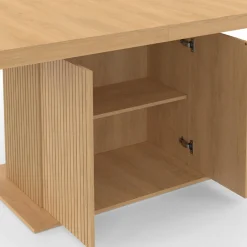 Table à manger extensible 160-200 cm lattes tasseau bois avec rangement pied central 6-10 personnes*IDMarket Clearance