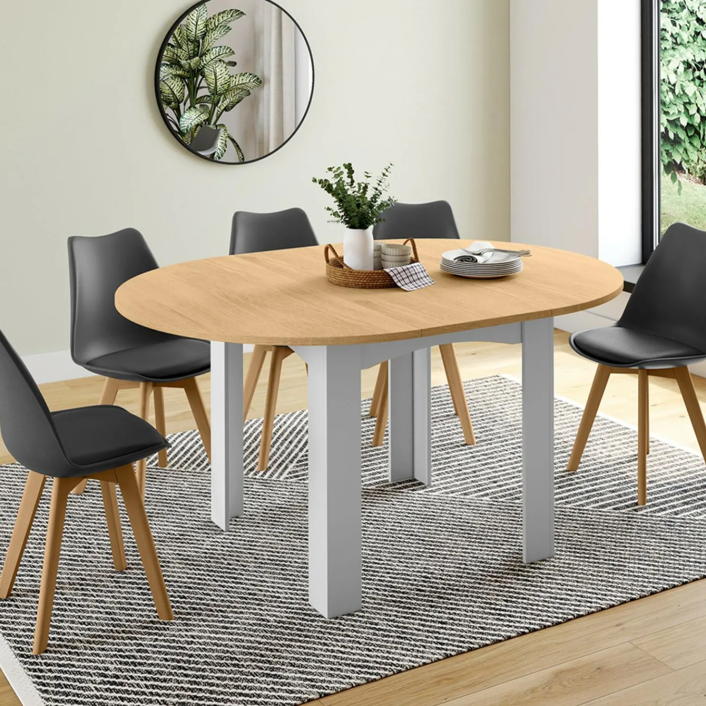 Table à manger extensible ronde en bois 110-150 cm 4-8 personnes plateau façon hêtre*IDMarket