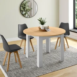 Table à manger extensible ronde en bois 110-150 cm 4-8 personnes plateau façon hêtre*IDMarket