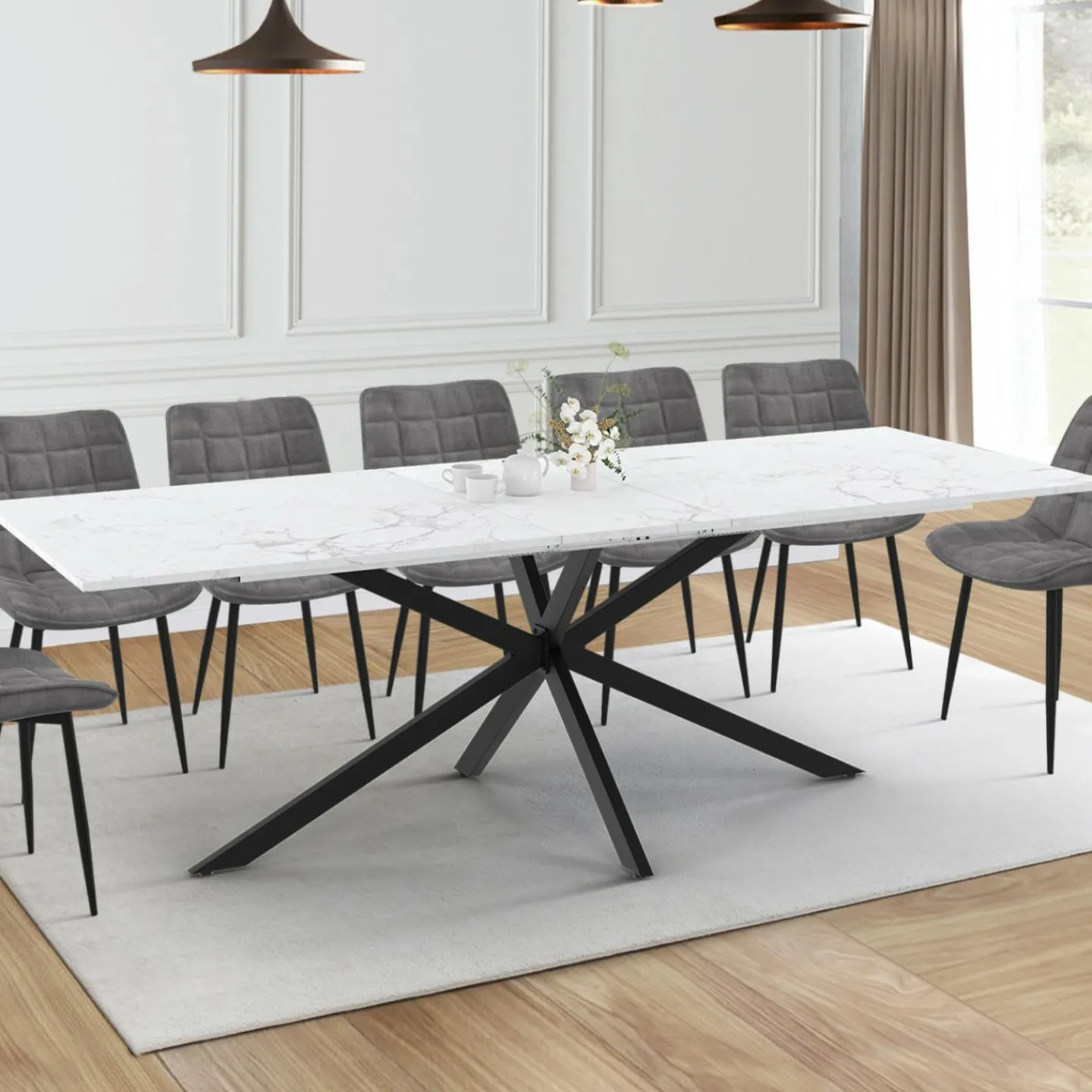Table à manger extensible rectangle 200-240 cm 8-12 personnes effet marbre blanc*IDMarket Discount