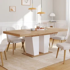Table à manger extensible avec pied central bois et blanc*IDMarket Sale