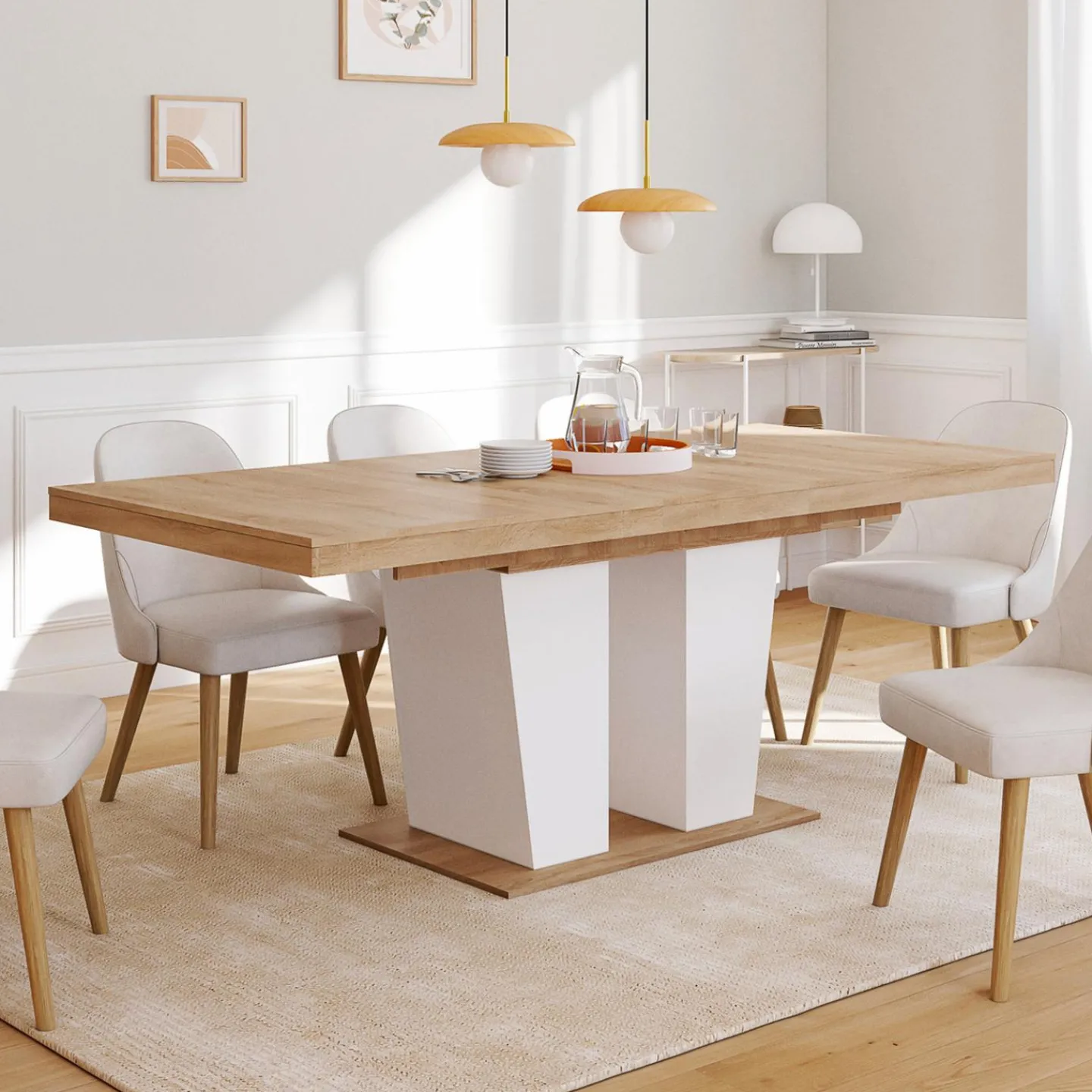 Table à manger extensible avec pied central bois et blanc*IDMarket Sale