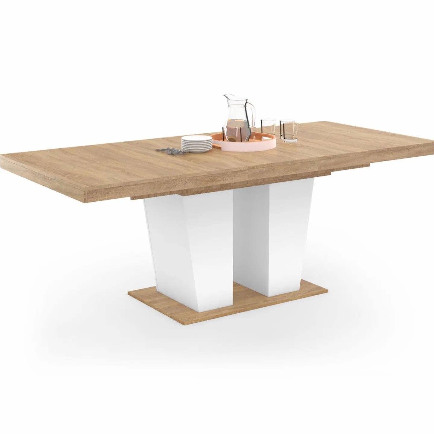 Table à manger extensible avec pied central bois et blanc*IDMarket Sale
