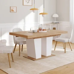 Table à manger extensible avec pied central bois et blanc*IDMarket Sale