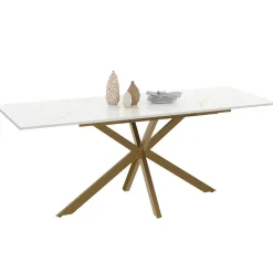 Table à manger extensible 160-200 cm 6-10 personnes avec plateau effet marbre doré et pied araignée en laiton*IDMarket Sale