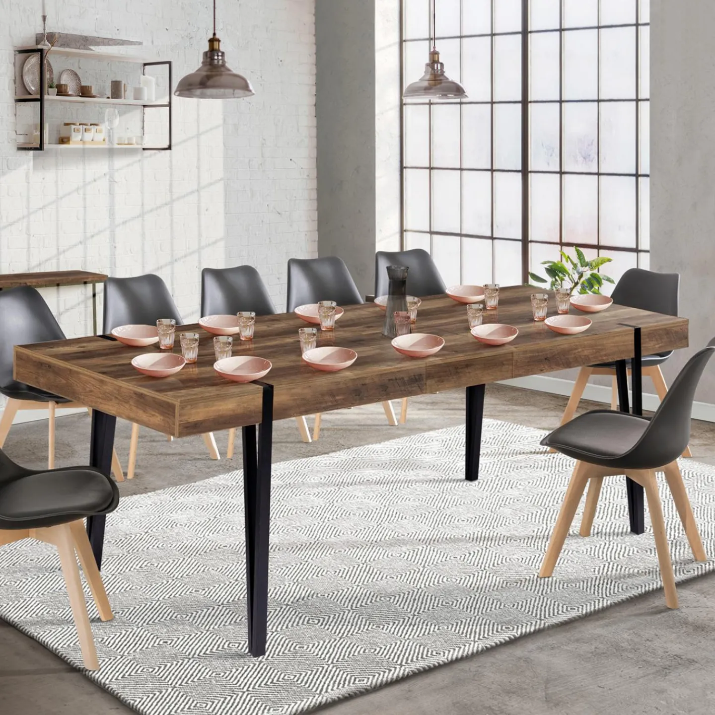 Table à manger extensible en bois pieds épingle noir 8-12 personnes 200-240 cm*IDMarket Discount