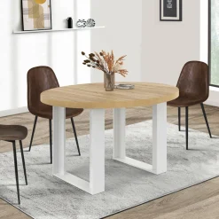 Table à manger extensible ronde bois et blanc 110-150 cm pour 4 à 6 personnes*IDMarket Online