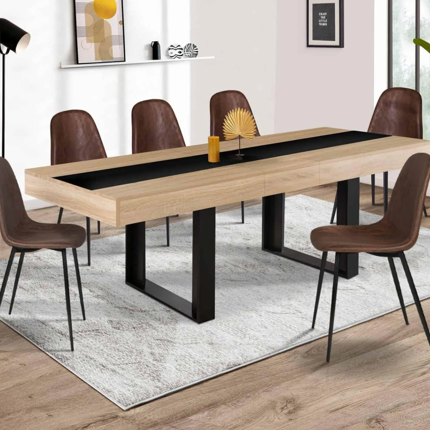 Table à manger extensible 6-10 personnes bois et bande centrale noire*IDMarket