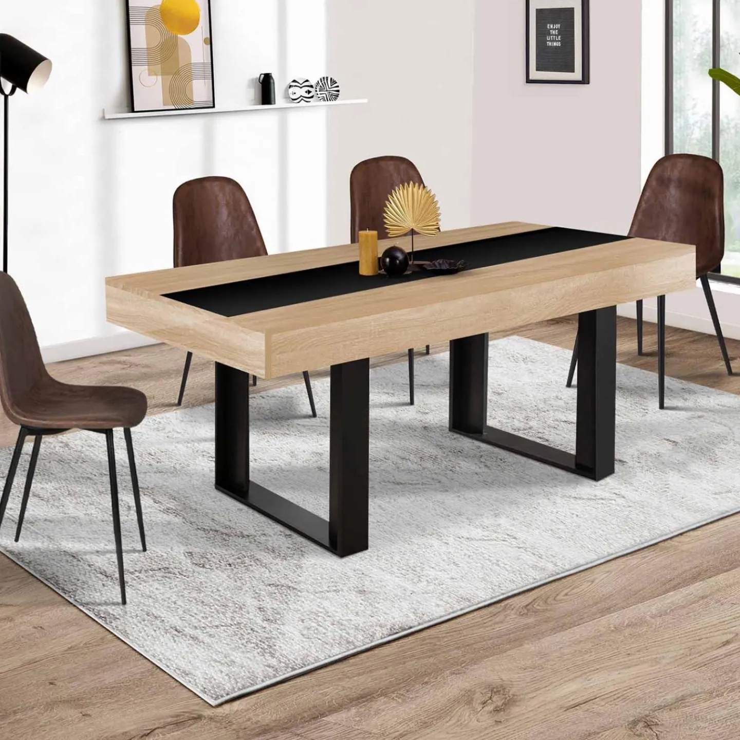 Table à manger extensible 6-10 personnes bois et bande centrale noire*IDMarket