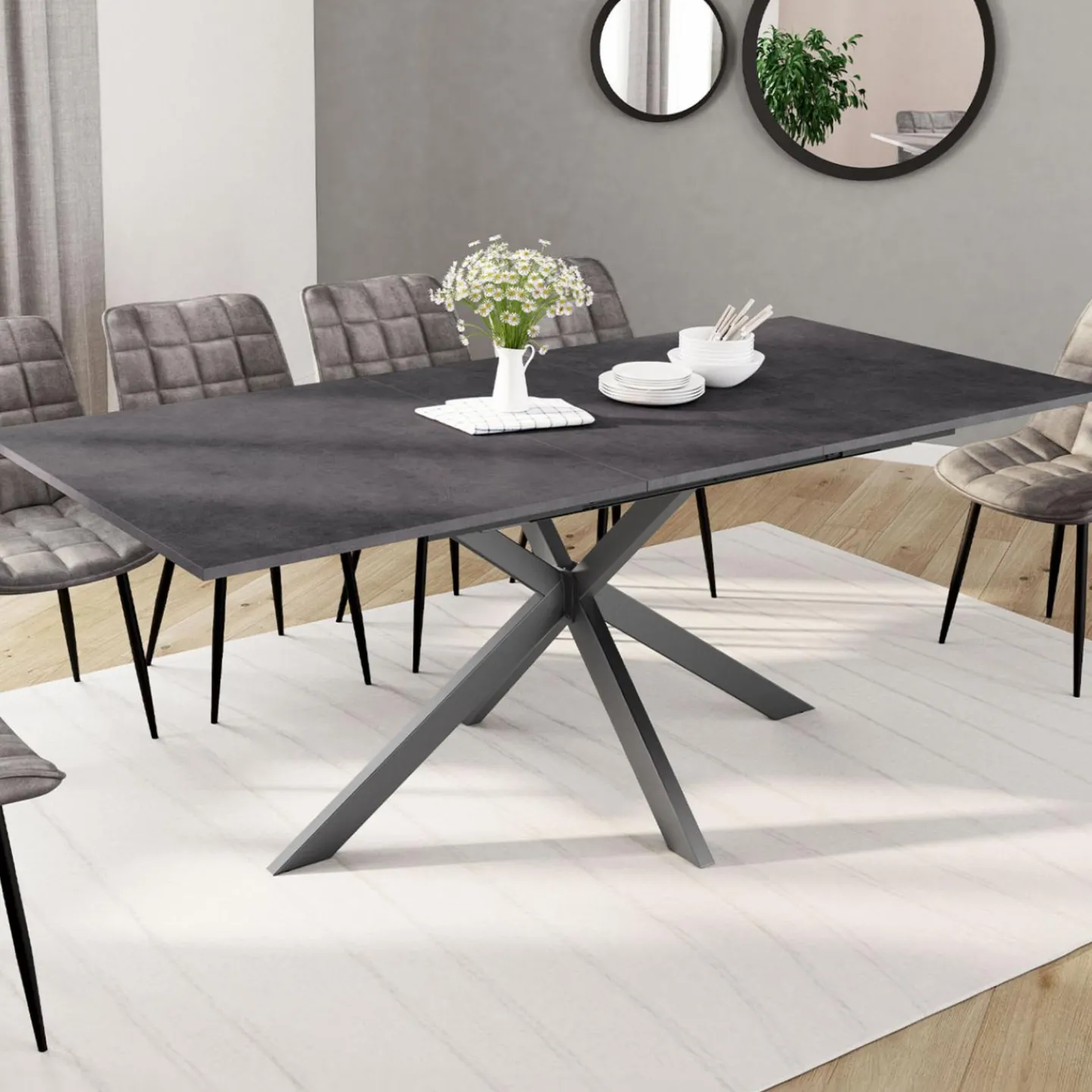 Table à manger extensible 6 à 10 personnes avec plateau effet béton pied araignée*IDMarket Outlet