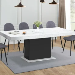 Table à manger extensible 160-200 cm 6-10 personnes plateau effet marbre blanc pied noir*IDMarket Discount