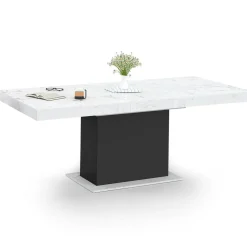 Table à manger extensible 160-200 cm 6-10 personnes plateau effet marbre blanc pied noir*IDMarket Discount