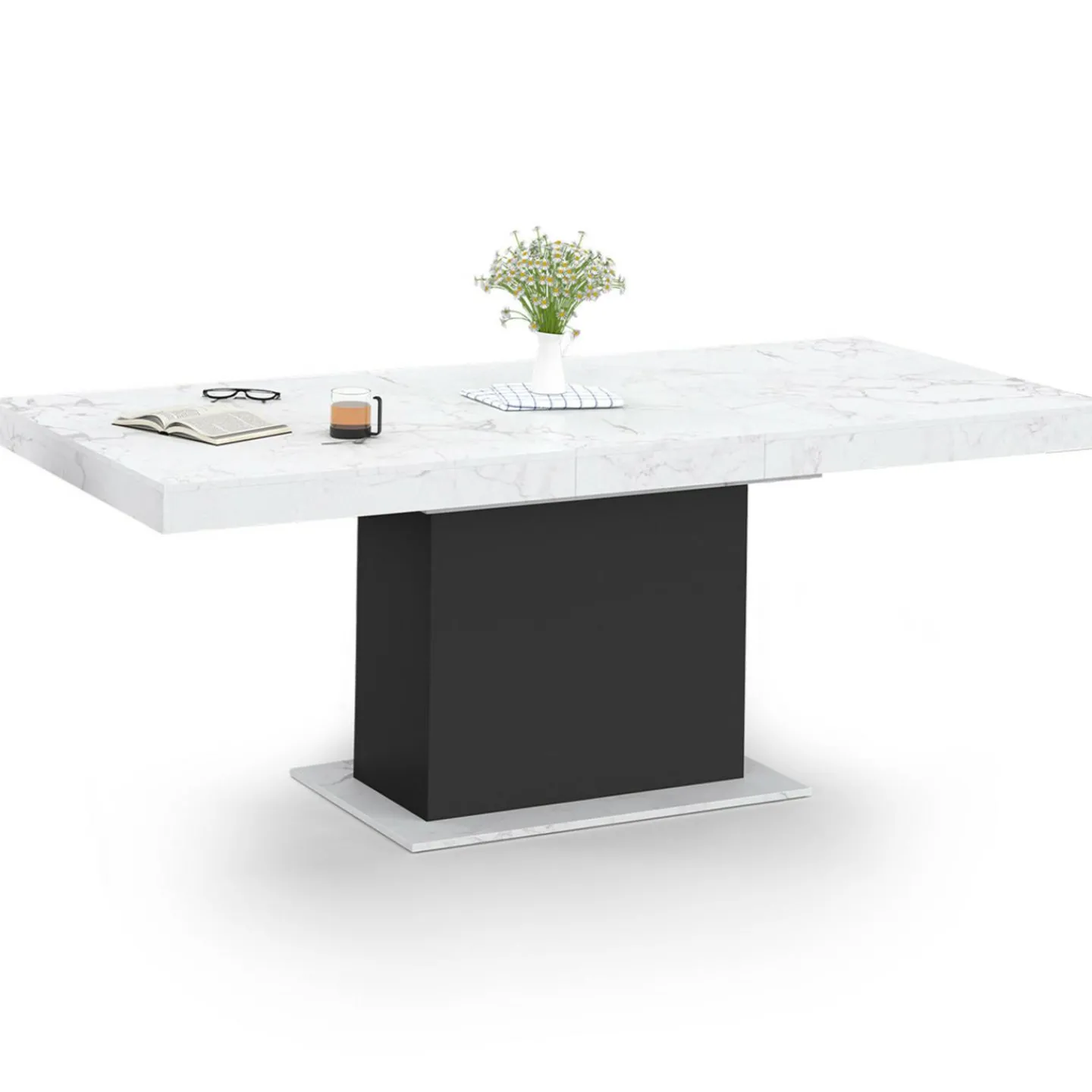 Table à manger extensible 160-200 cm 6-10 personnes plateau effet marbre blanc pied noir*IDMarket Discount