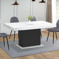 Table à manger extensible 160-200 cm 6-10 personnes plateau effet marbre blanc pied noir*IDMarket Discount