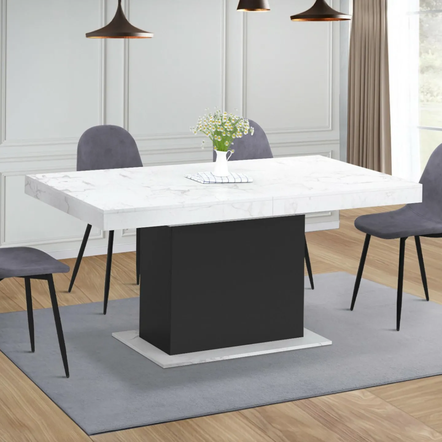 Table à manger extensible 160-200 cm 6-10 personnes plateau effet marbre blanc pied noir*IDMarket Discount