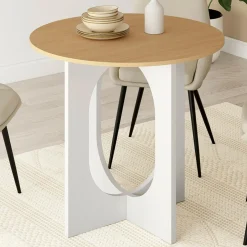 Table à manger fixe ronde 4 personnes pied arc blanc et bois 80 cm*IDMarket Outlet