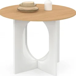 Table à manger fixe ronde 4 personnes pied arc blanc et bois 80 cm*IDMarket Outlet