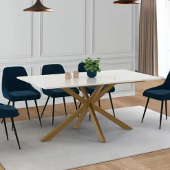 Table à manger rectangle 8 personnes 160 cm pied araignée laiton et plateau effet marbre blanc*IDMarket
