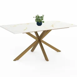 Table à manger rectangle 8 personnes 160 cm pied araignée laiton et plateau effet marbre blanc*IDMarket