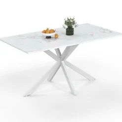 Table à manger rectangle 160 cm 8 personnes pied araignée blanc plateau effet marbre blanc*IDMarket Sale