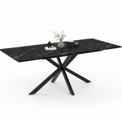 Table à manger rectangulaire extensible métal et effet marbre noir 160-200 cm*IDMarket Clearance