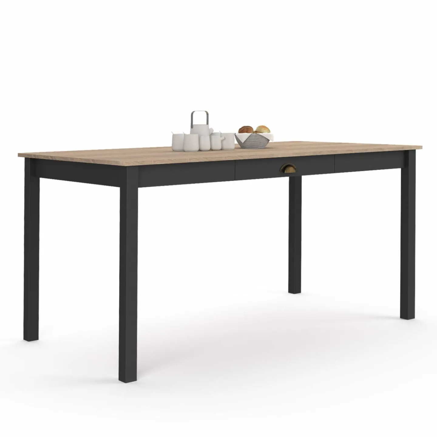 Table à manger rectangulaire bois et noir avec tiroir*IDMarket Discount