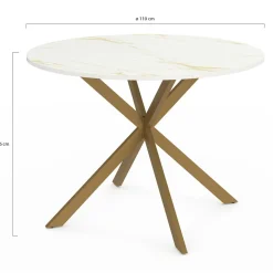 Table à manger ronde 110 cm 6 personnes avec plateau effet marbre doré et pied araignée en laiton*IDMarket New